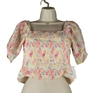 ASTR The Label Women S Floral Eyelet Top Cottagecore Peasant Smocked Puff Sleeve